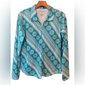 San Soleil Sz S Aqua Blue Paisley Golf Pickleball Tennis Rhinestone Zip Polo